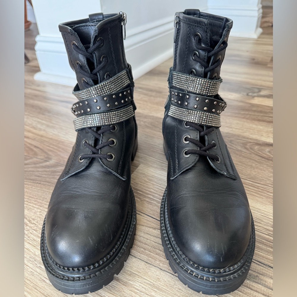 Steve Madden Captain Rhinestone Leather Lug Sole Punk Grunge Combat Booties s- 9